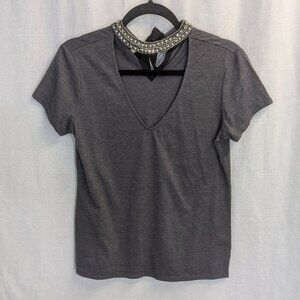 Boston Proper XS Gray Tee with Bejeweled Neck